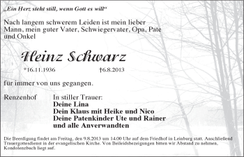 Traueranzeige von Heinz Schwarz von Pegnitz-Zeitung